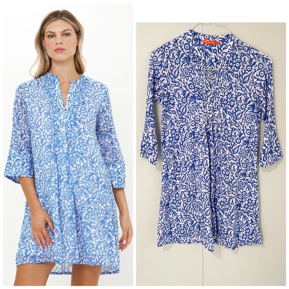 Oliphant Dresses & Skirts - OLIPHANT 3/4 Sleeve Pintuck Mini Dress in Cypress Blue